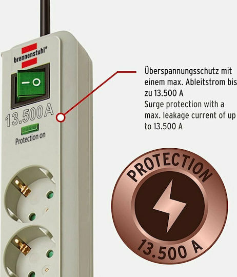 Brennenstuhl Steckdosenleiste mit Überspannungsschutz 6 Positionen mit Schalter und Kabel 1.5m Gray