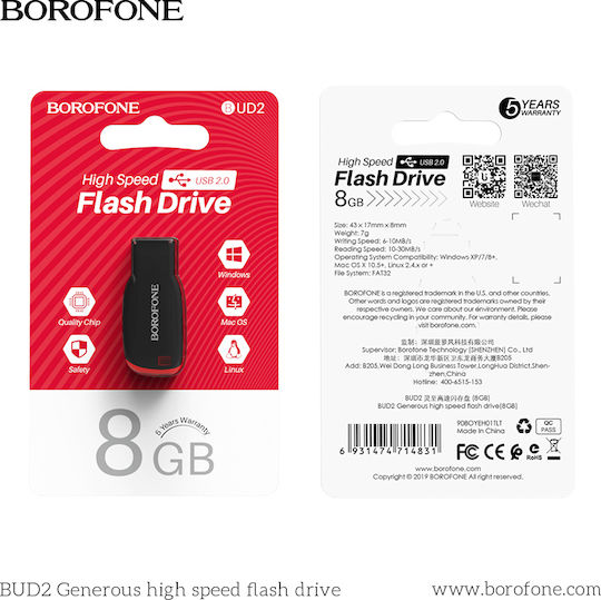 Borofone BUD2 8GB USB 2.0 Stick Black