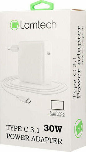 Lamtech USB-C Universal Φορτιστής Laptop 30W 15V 2A με Αντάπτορα Τροφοδοσίας