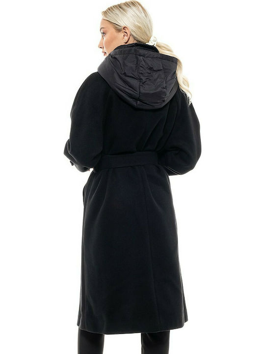 Biston Γυναικείο Μαύρο Παλτό με Κουκούλα