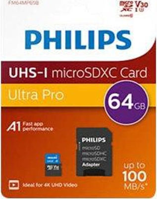 Philips Ultra Pro microSDXC 64GB Clasa 10 U3 V30 UHS-I cu adaptor