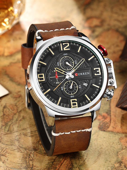 Curren Ανδρικό Ρολόι 48mm Χρονογράφος Μπαταρίας με Δερμάτινο Λουράκι Brown