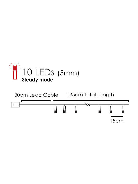 10 Светлини LED 1.35m. Топъл бял На батерия тип Лента 1бр