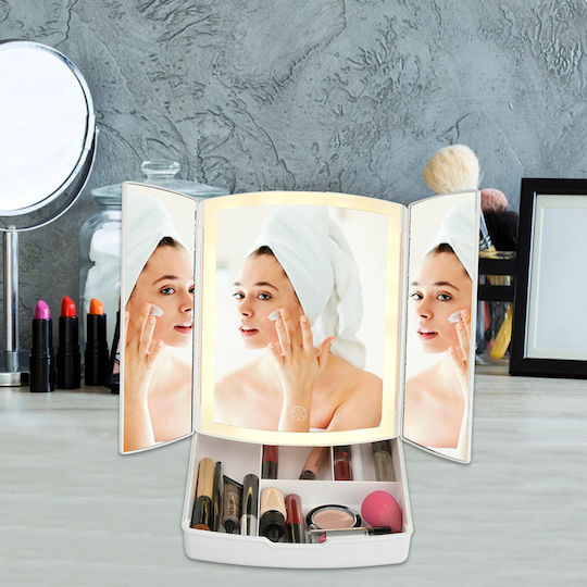 Makeup Mirror Tabletop Triple Mirror 5x Magnification with LED Lighting and Storage Space with Light White