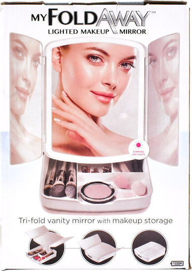 Makeup Mirror Tabletop Triple Mirror 5x Magnification with LED Lighting and Storage Space with Light White