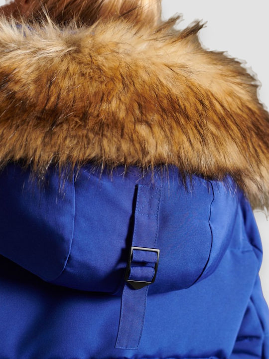 Everest Kurz Damen Puffer Jacke mit pelziger Kapuze für Winter Blau