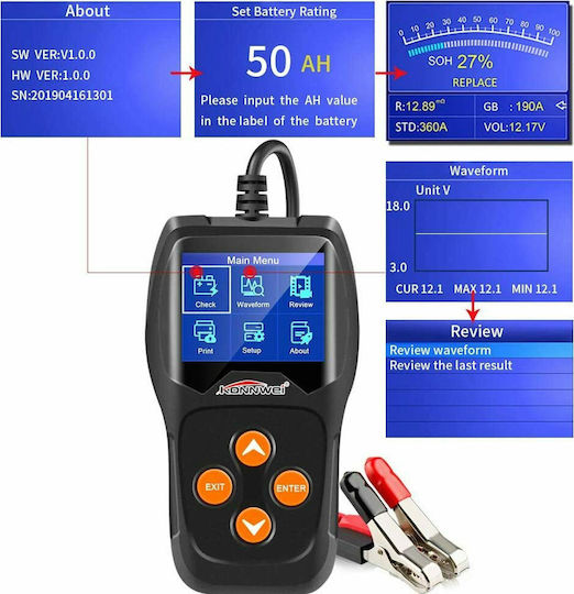 Konnwei KW600 Ψηφιακό Battery Tester με Κροκοδειλάκια