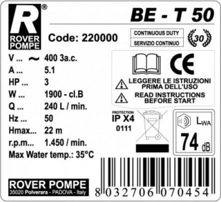 Rover Pompe BE-T 50 Triple Phase Transfer Pump with 2" Inlet and 3hp Horsepower