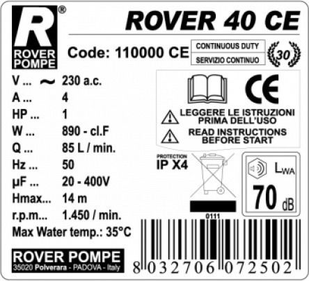 Rover Pompe ROVER 40 CE Single Phase Transfer Pump with 1 - 1/2" Inlet and 1hp Horsepower
