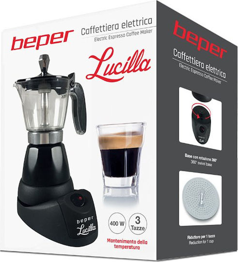 Beper Elektrisches Espressokocher für den Herd 3 Tassen 400W Schwarzes