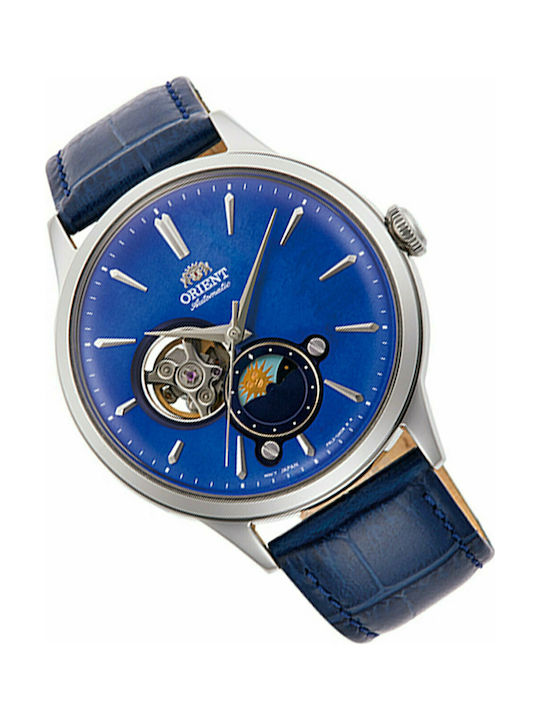 Orient Bambino Sun & Moon Uhr Chronograph Automatisch mit Blau Lederarmband