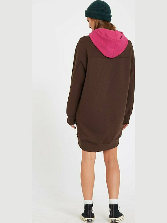 Weirdi Dress Mini Αθλητικό Φόρεμα Μακρυμάνικο με Κουκούλα Καφέ