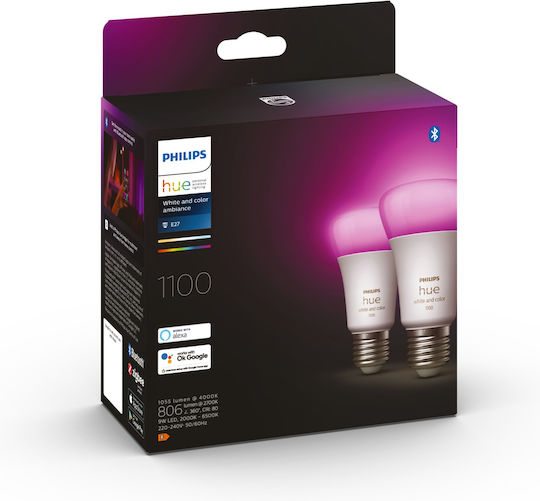 Philips Smart LED Bulbs 9W for Socket E27 and Shape A60 RGBW 806lm Dimmable 2pcs