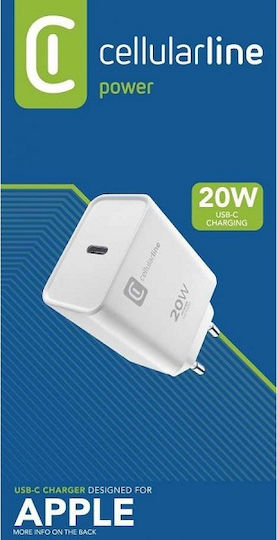 Cellular Line Charger Without Cable with USB-C Port 20W Power Delivery Whites (ACHIPHUSBCPD20WW)