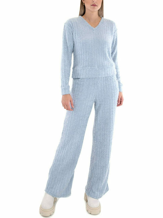 Damen Langarm Pullover mit V-Ausschnitt Hellblau