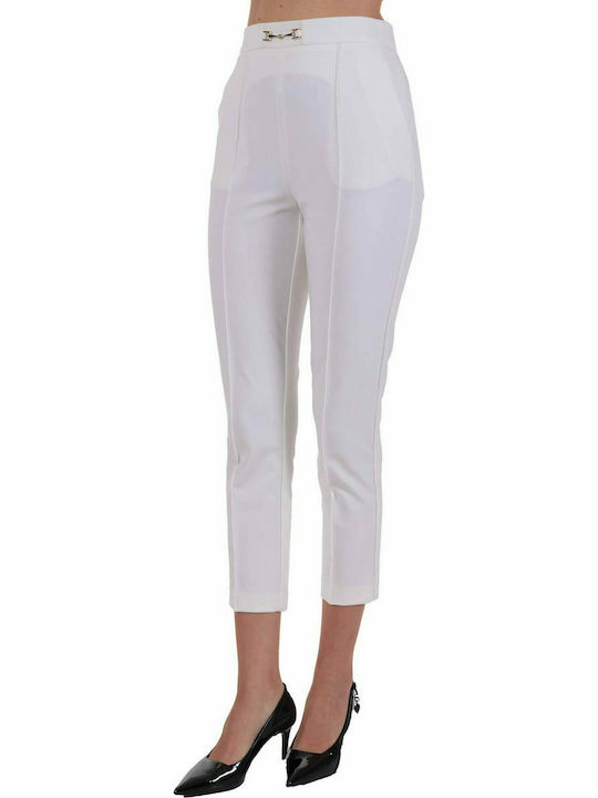 ELISABETTA FRANCHI HIGH WAIST TROUSERS LOGO METALLIC IVORY