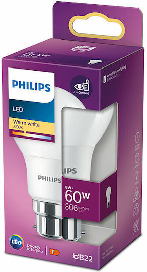Philips LED Bulb 8W 110mm for Socket B22 and Shape A60 Warm White 806lm
