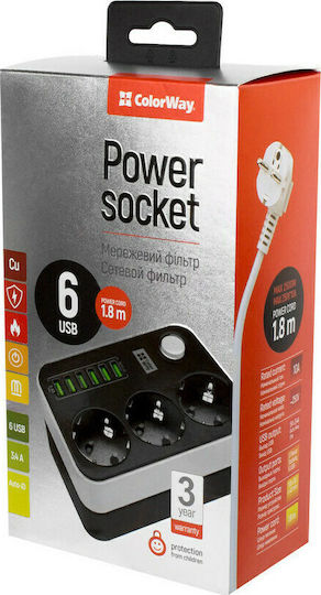 ColorWay Bandă de alimentare Securitate 3 Prize cu 6 USB-A, Comutator și Cablu 1.8m