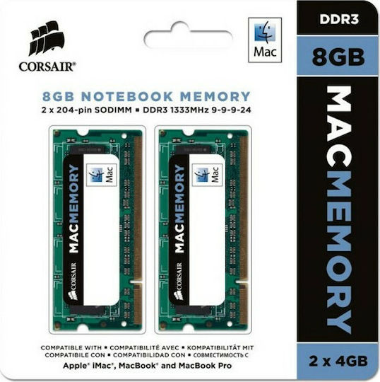 Corsair Mac Memory 8GB DDR3 RAM with 2 Modules (2x4GB) and 1333 Speed for Laptop
