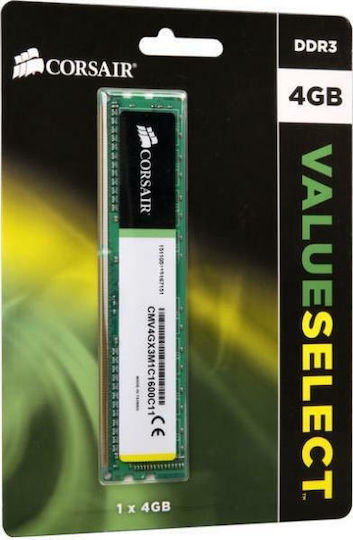 Corsair ValueSelect DDR3 με Module 1x4GB και Ταχύτητα 1600 για Desktop