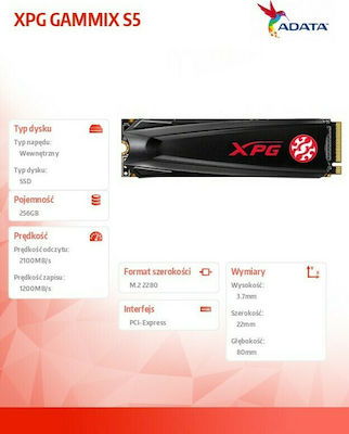 Adata Gammix S5 SSD 256GB τύπου M.2 με σύνδεση PCI Express 3.0 και Ψύκτρα AGAMMIXS5-256GT-C