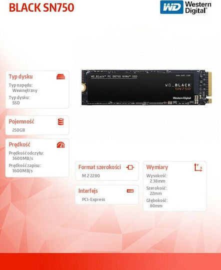 Western Digital WD Black SN750 SSD 250GB M.2 NVMe PCI Express 3.0 WDS250G3X0C