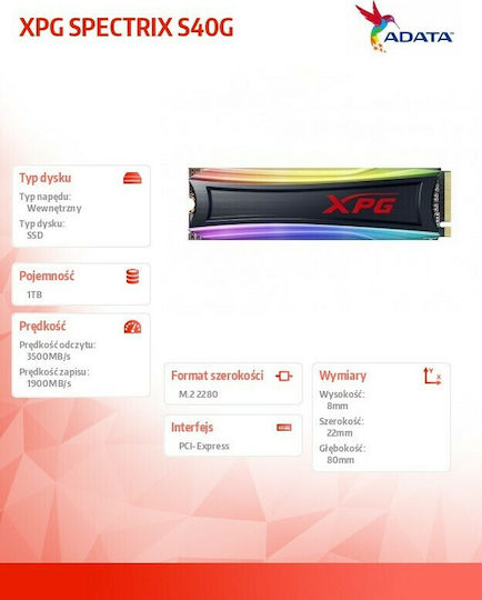 Adata XPG Spectrix S40G RGB SSD 1TB M.2 Type with PCI Express 3.0 Communication Protocol and Heatsink PH-AS40G-1TT-C