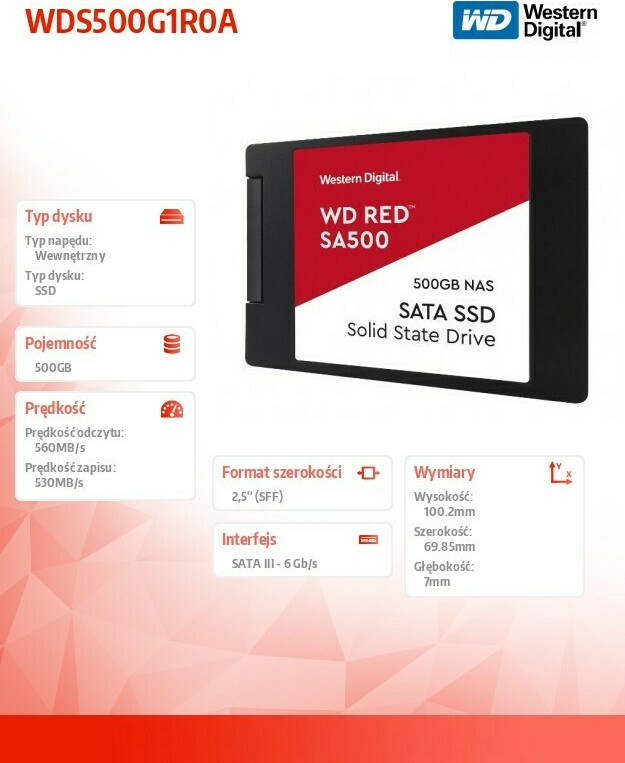Western Digital Red SA500 NAS SSD 500GB 2.5'' SATA III WDS500G1R0A