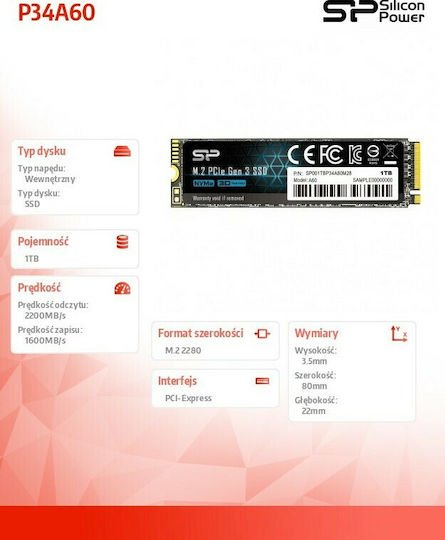 Silicon Power P34A60 SSD 1TB M.2 Type With PCI Express 3.0 Connection SP001TBP34A60M28