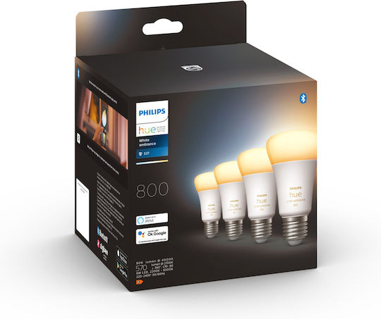 Philips Smart LED Bulbs 6W for Socket E27 and Shape A60 Adjustable White 806lm Dimmable 4pcs