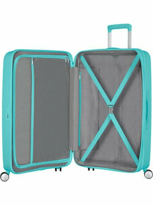 American Tourister Soundbox Spinner Expandable Large Hard Turquoise Suitcase With 4 Wheels Height 77cm