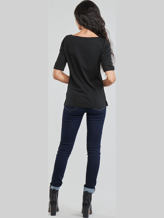 Judy Women's Blouse Cotton Long Sleeve with Boat Neckline Black