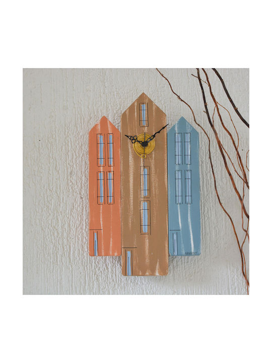 Kapadakis Wood Art Τρια Σπίτια Ρολόι Τοίχου Ξύλινο Πολύχρωμο 24x40cm