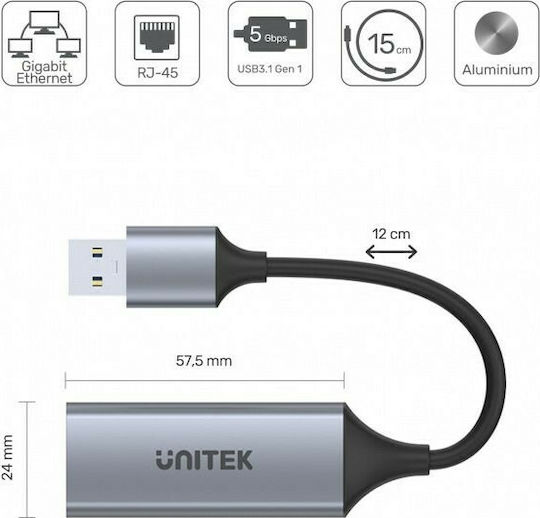 Unitek Μετατροπέας USB-A male σε RJ-45 female Ασημί 1τμχ U1309A