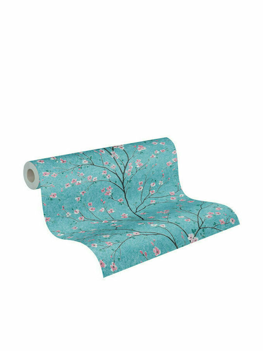 Wallpaper Floral Vinyl Turquoise L1005xW53cm Washable