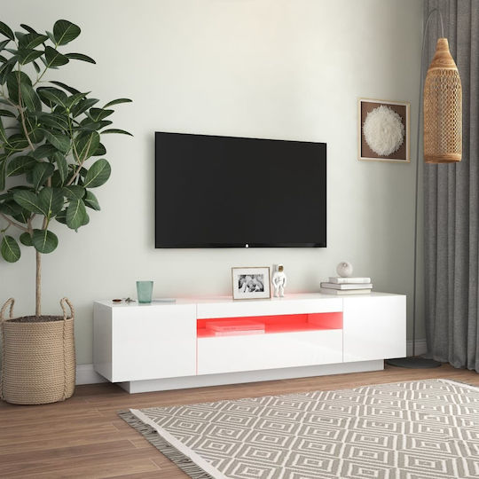 TV Stand Wooden with LED Lighting Glossy White L160xW35xH40cm