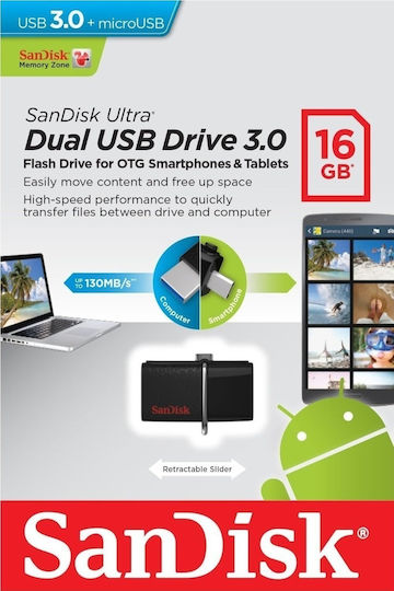 Sandisk Ultra Dual 16GB USB 3.0 Стик с връзка USB-A & micro USB-B Черен