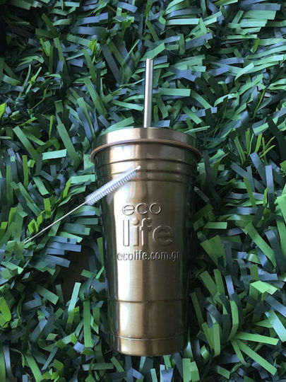 Ecolife Cup Recyclable Glass Thermos Stainless Steel BPA Free 480ml Gold with Straw