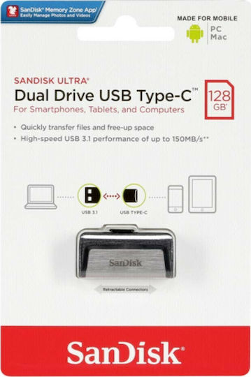 Sandisk Ultra Dual Drive 128GB USB 3.1 Стик с връзка USB-A & USB-C Бял