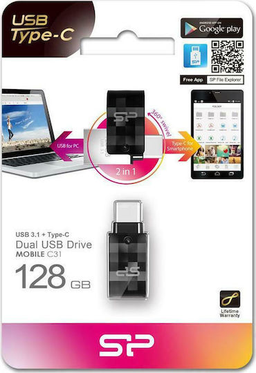 Silicon Power Mobile C31 128GB USB 3.2 Stick με σύνδεση USB-A & USB-C Μαύρο