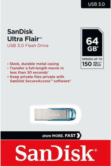Sandisk Ultra Flair 64GB USB 3.0 Stick Blue