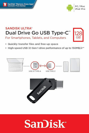 Sandisk Ultra Dual Drive Go 128GB USB 3.1 Стик с връзка USB-C & USB-A Черен