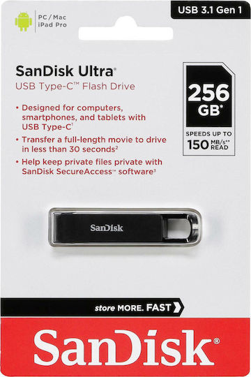 Sandisk Ultra 256GB USB 3.0 Stick με σύνδεση USB-C Μαύρο