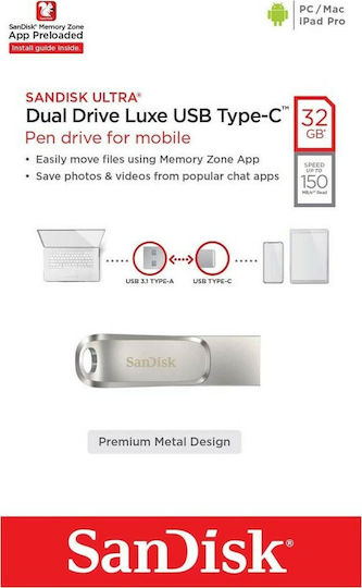 Sandisk Ultra Dual Drive Luxe 32GB USB 3.1 Stick with connection USB-A & USB-C Silver