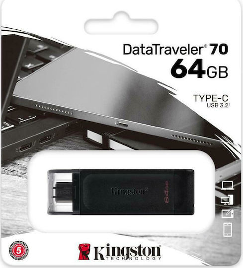 Kingston DataTraveler 70 64GB USB 3.2 Stick με σύνδεση USB-C Μαύρο
