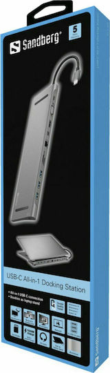 Sandberg USB-C Докинг Станция с HDMI/DisplayPort 4K PD Ethernet и Свързване на 2 Монитора Сребриста (136-23)