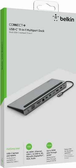 Belkin Connect USB-C Docking Station με HDMI/DisplayPort 4K PD Ethernet και συνδεση 3 Οθονών Ασημί