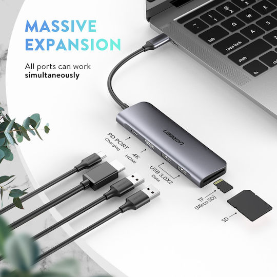 Ugreen CM195 USB-C Докинг станция с HDMI 4K PD Сив