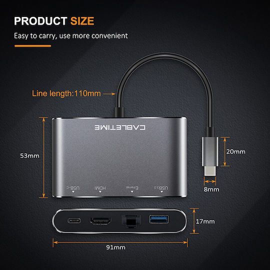 Cabletime C160 USB-C Docking Station mit HDMI 4K PD Ethernet Gray