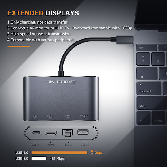 Cabletime C160 USB-C Docking Station mit HDMI 4K PD Ethernet Gray